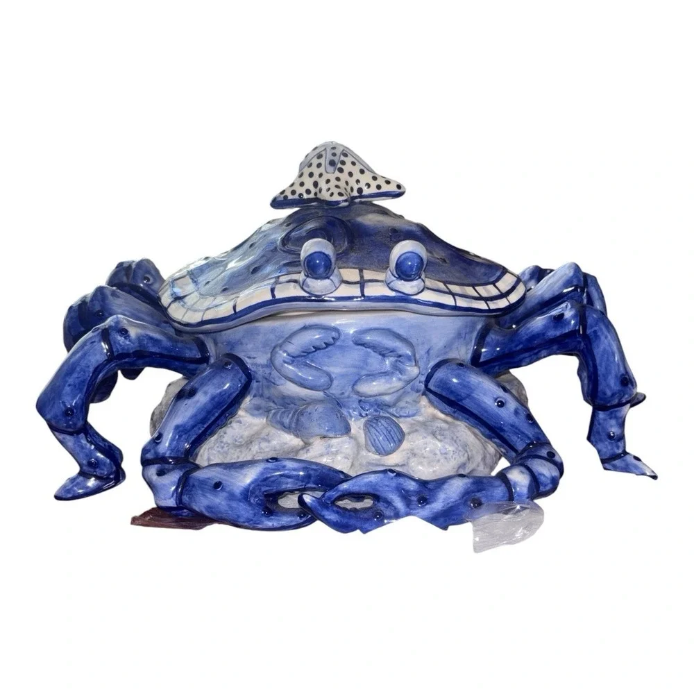 Diane Allen Stoneware Blue And White Ceramic Crab Rare 2002 Lidded Dish Seashore